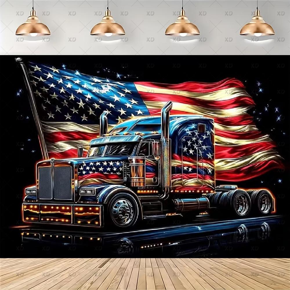 American flag photographic backdrop, red, white and blue stripes, vintage truck, party decoration, banner2884