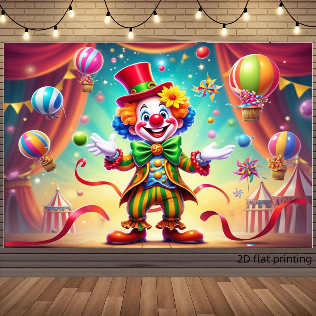 A set of 2D flat carnival banner circus clown wall art prints with a colorful carnival theme