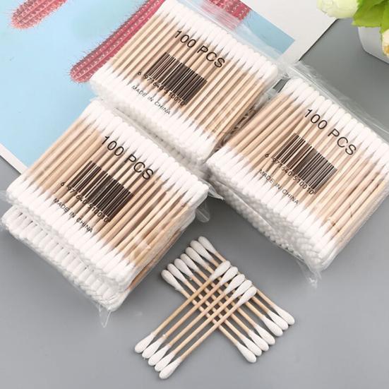 100Pcs Disposable Double Sided Wood Stick Cotton Swab Makeup Cleaning Applicator