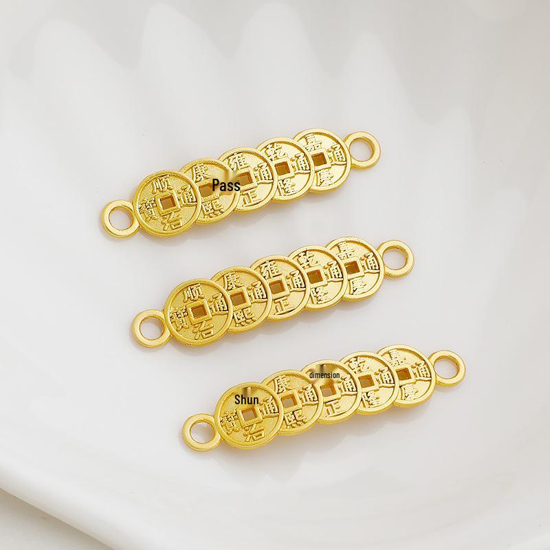 Gold-Plated Long Strip Five Emperors Coins Amulet Double Pendant String for DIY Jewelry