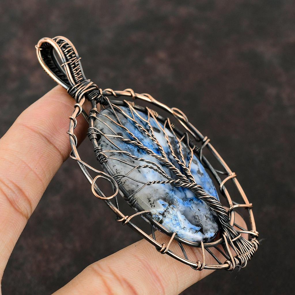 Подвеска из голубого дендрита и опала «Дерево жизни», медная проволочная обертка, драгоценный камень, подарок для нее, медная подвеска ручной работы, проволочная обертка, ювелирные изделия