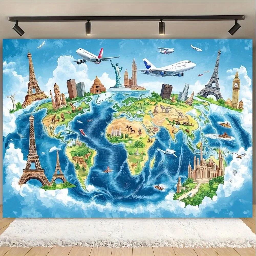 World travel map photography background, with famous attractions, suitable for portrait party banner background cloth