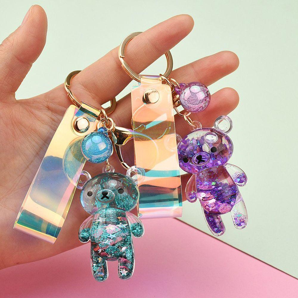 Car Charm Cartoon Backpack Pendant Acrylic Key Fob Liquid Keyring Glitter Bear Quicksand Keyring