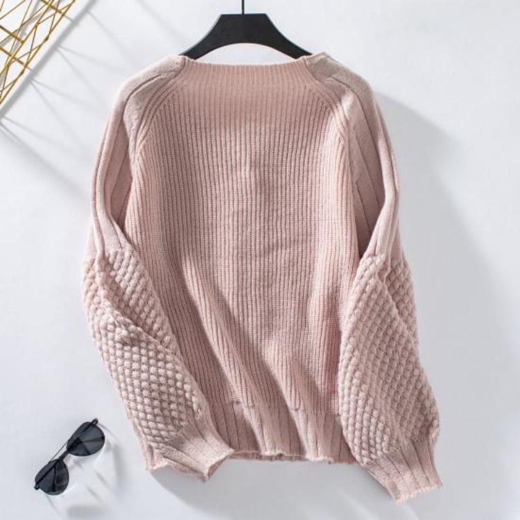 Loose Knitted Sweater Coat Women Solid Color V Neck Lantern Long Sleeve Cardigan Single Breasted