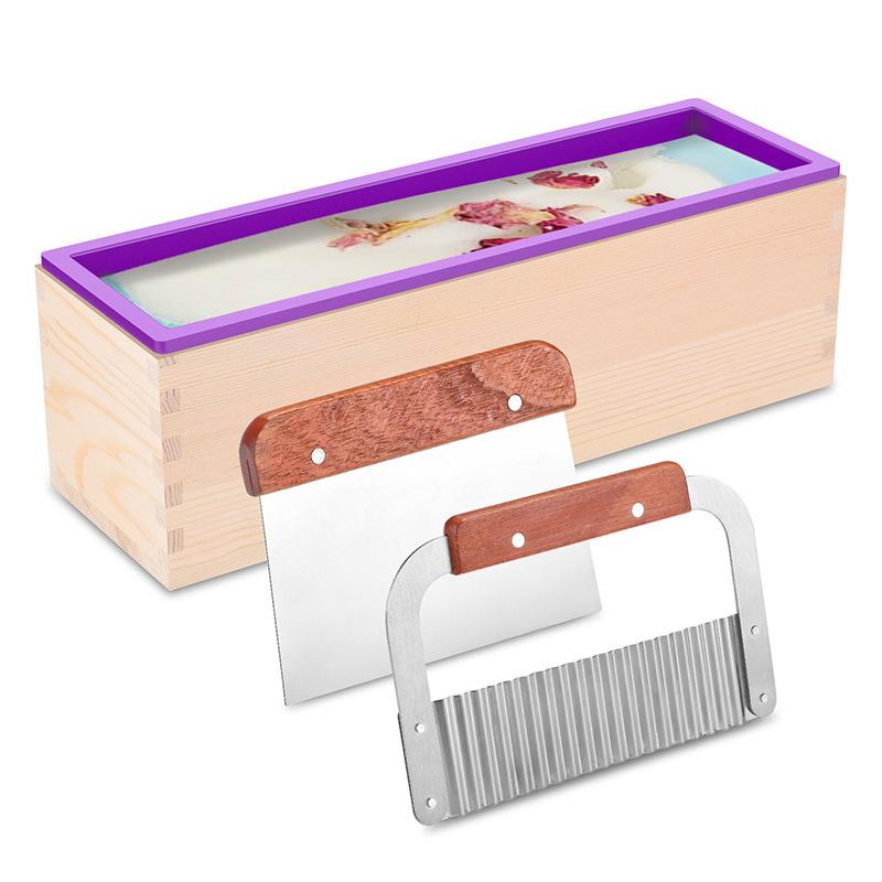 Professional 1200ml Rectangular Soap Mold Kit with Silicone Mould,Wooden Box,Lid & Cutter for DIY Handmade Soap Making,Crafts and Gifts