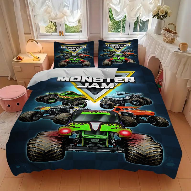 3pcs Monster Jam Monster Truck Home Bedding Set-Universal Three-Piece Suit for Bedroom, Guest Room, Living Room, Hotel-Perfect Holiday Gift