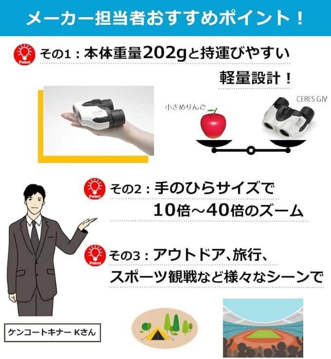 Kenko Zoom Binoculars CERES GIV Porro Prism Type 18 Caliber Compact Lightweight 202g White 013281 10-40×18 10-40x Multi-Coating