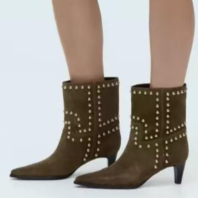 2025 Осень и Зима Мода с заклепками Ботильоны челси на высоком каблуке Заостренные и телесные ботильоны Высокие каблуки Шпилька Вестерн ботинки