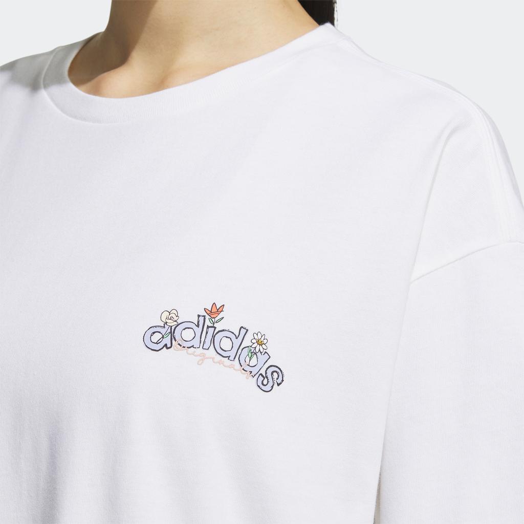 adidas Оригинальные спортивные футболки с цветочным принтом на спине и трилистником, женские топы белого цвета IK8636