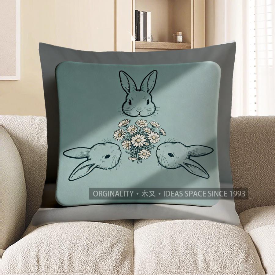 2D Rabbits And Daisy Pattern Cushion Cover Pattern Cushion Cover Suitable For Sofa Bedroom Car Pillow Cover