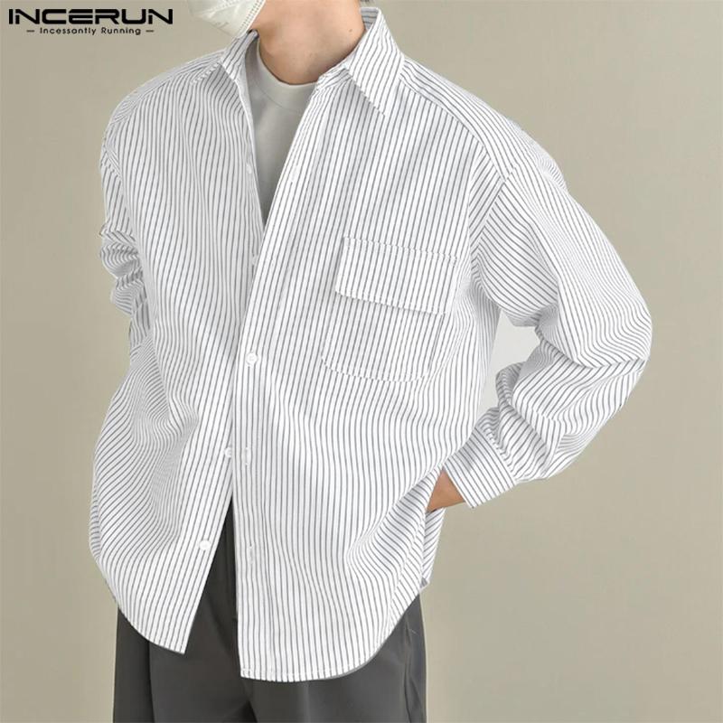 INCERUN Spring Summer Men Lapel Long Sleeve Striped Print Shirts Oversized Tops