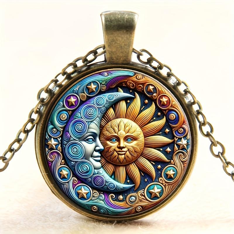 Винтажное ожерелье с подвеской «Солнце и Луна», модный бронзовый сплав со стеклянным драгоценным камнем, идеально подходит для повседневной носки и вечеринок
