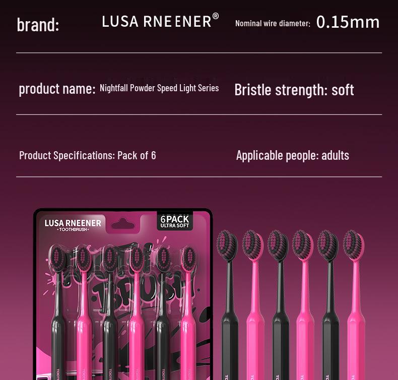 LR Black Pink Series Soft Bristle Toothbrushes [Pack of 6] - Wave-Shaped Convex Design for Adults