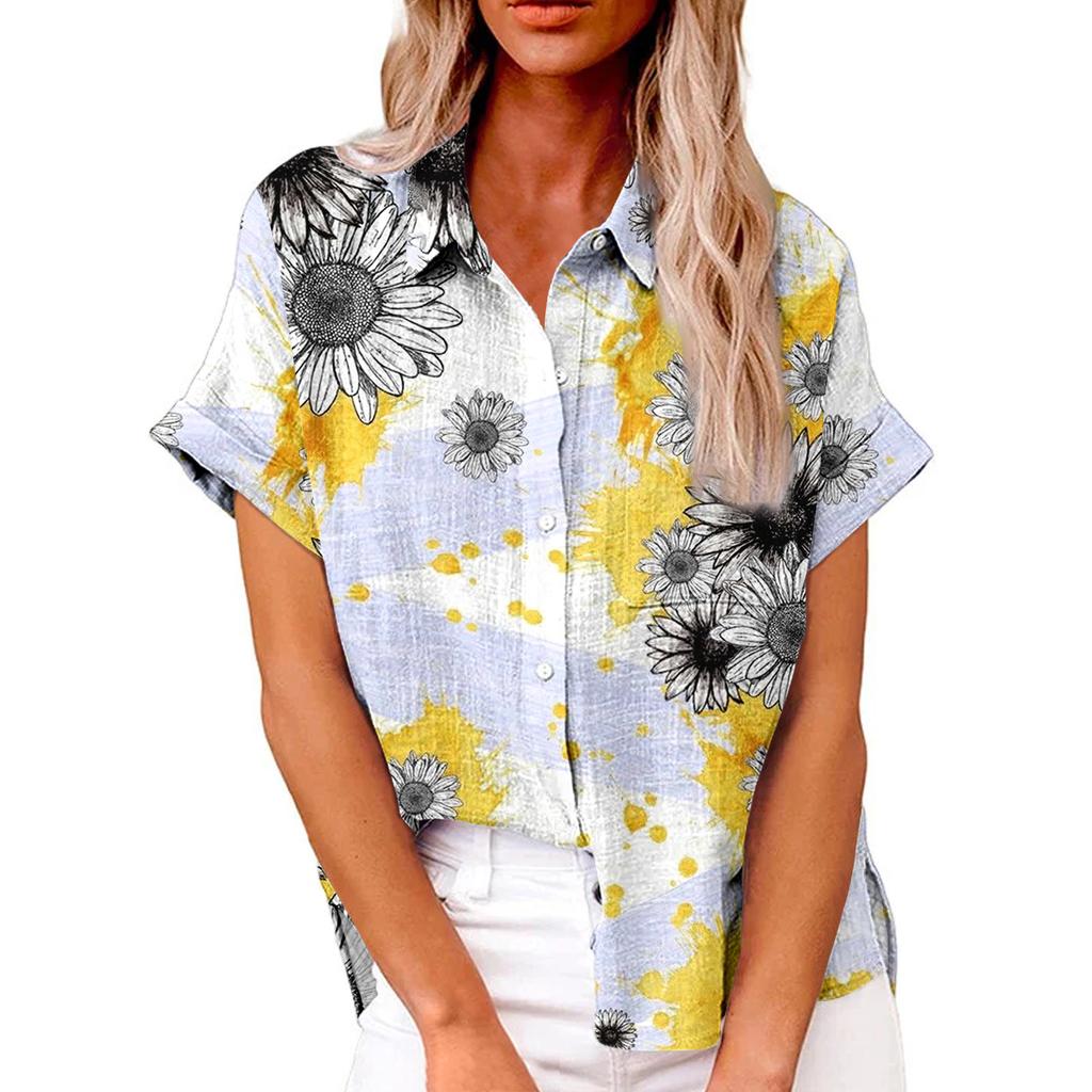 Женская модная свободная повседневная рубашка с коротким рукавом и отворотом на пуговицах, футболка с принтом, топ