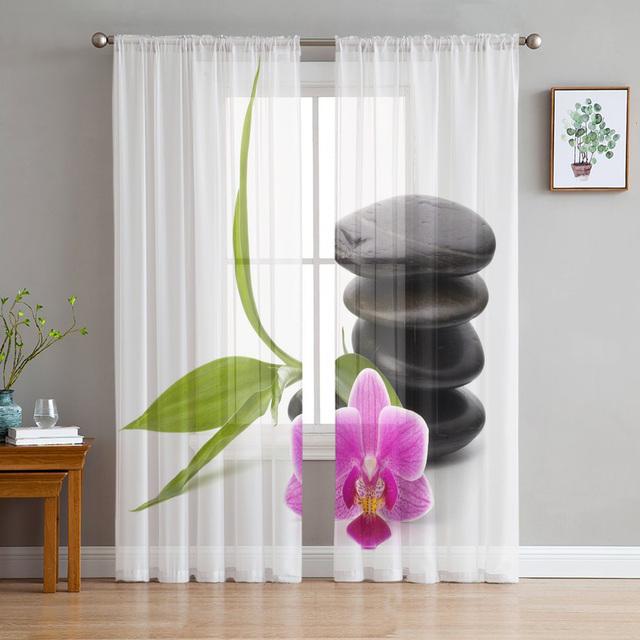 Zen Stones Orchids Flower Green Bamboo Tulle Curtains For Living Room Bedroom Decor Transparent Sheer Voile Window Curtain