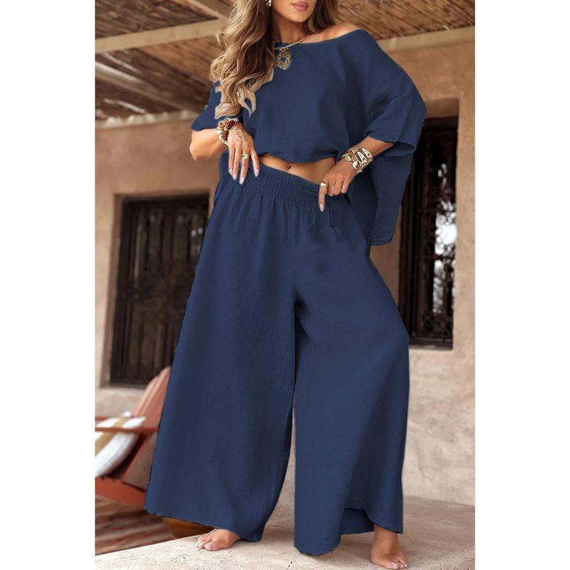 Off Shoulder Set2025 European and American Summer Women's Solid Popular Casual Loose Round Neck off-Shoulder Set