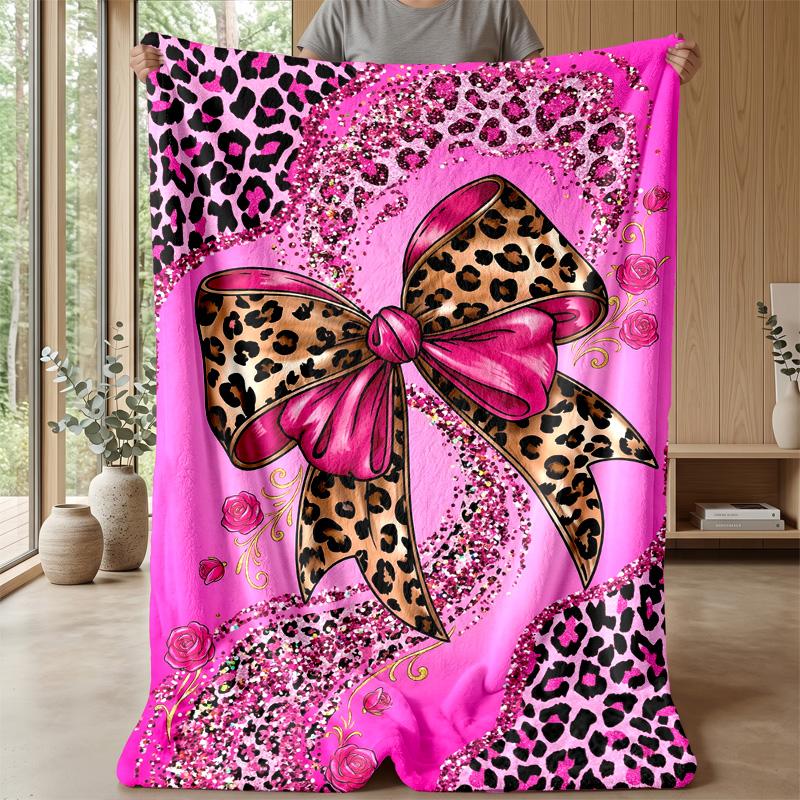 Pink Leopard Bow Frame 1 Theme blanket Lightweight Warm Flannel Blanket Decorative Throw Blanket for Home Decoration