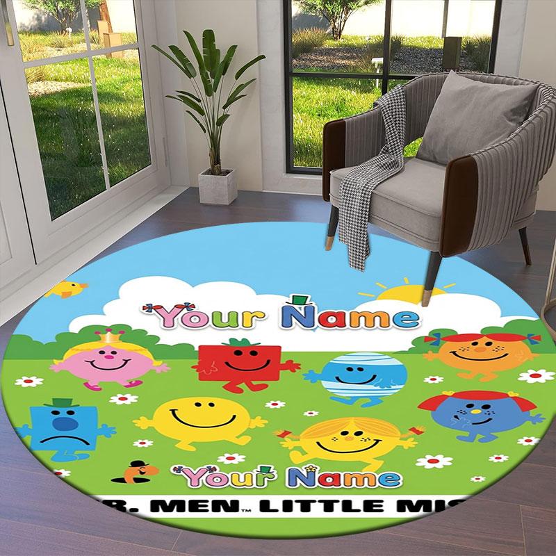 Mr. Men Little Miss Custom Name Round Area Rug,Carpet Rug for Living Room Bedroom Sofa Playroom Decor,Non-slip Floor Mat