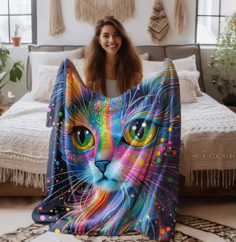 Rainbow Cat Sherpa Blanket Colorful Cat Lover Throw Bold Pet-Themed Decor Gift Cat Lover Gift Cute Cat Blanket