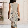 Women Plus Size Olive Green Floral Printed Asymmetric Ring Strap Sleeveless Bodycon Midi Dress