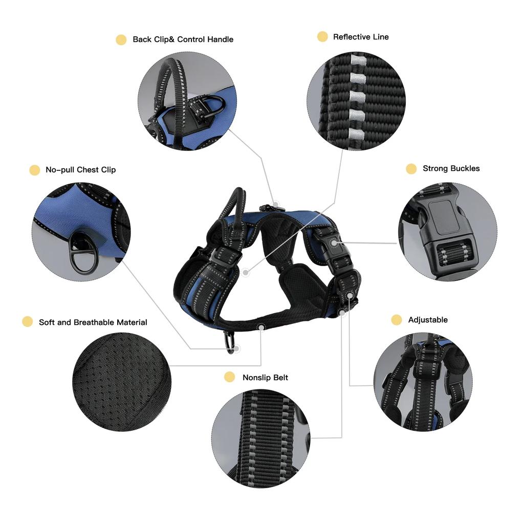 Dog Chest No Pull with Leash Clips Adjustable Soft Padded Reflective Oxford No Choke Pet Vest Easy Control Handle for Large Dogs