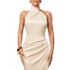 Glossy satin metal decorative neck, waist pleated, tight, hip-wrapped and split-ended long dress