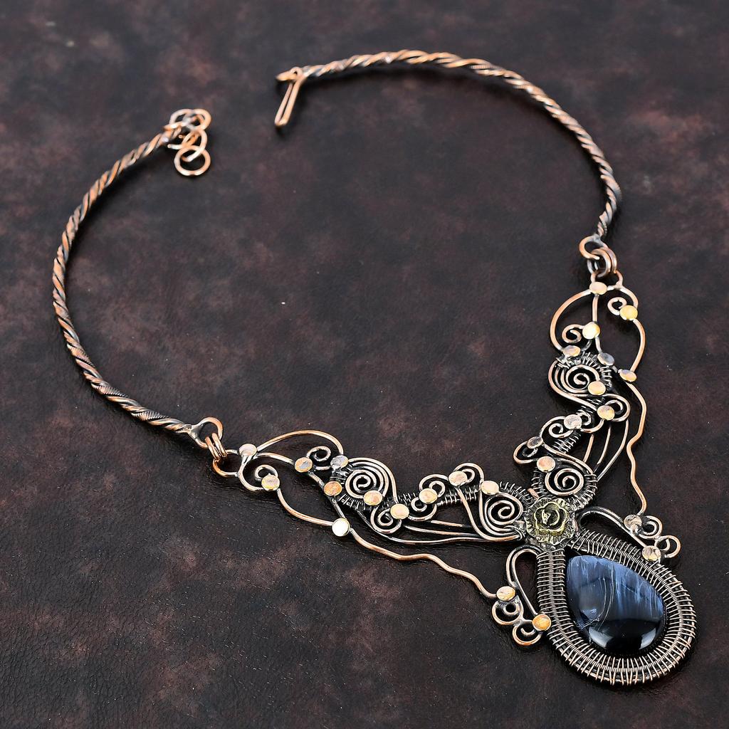 Ожерелье Pietersite, обернутое медной проволокой, ювелирное изделие, ожерелье из меди с драгоценными камнями, регулируемое ожерелье, ожерелье ручной работы, обернутое проволокой, подарок для невесты