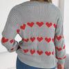 Autumn Winter Vintage Loose Long Sleeve Top Heart Print Cardigan Knitwear V-Neck Sweater