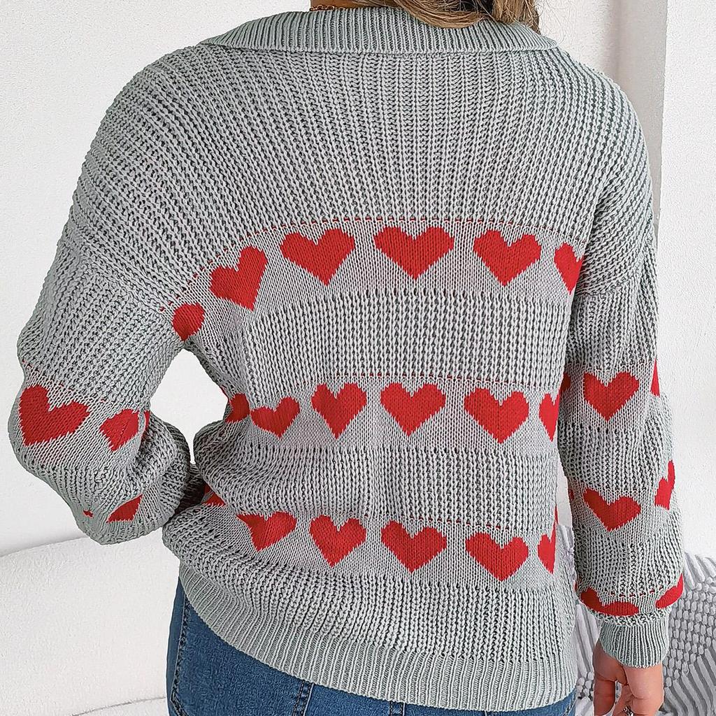Autumn Winter Vintage Loose Long Sleeve Top Heart Print Cardigan Knitwear V-Neck Sweater