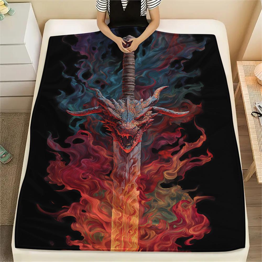 Sword and Dragon Print Flannel Blanket,High quality Comfortable for All Seasons,Home Decor,Warmth and Comfort,Perfect for Christmas Gifts
