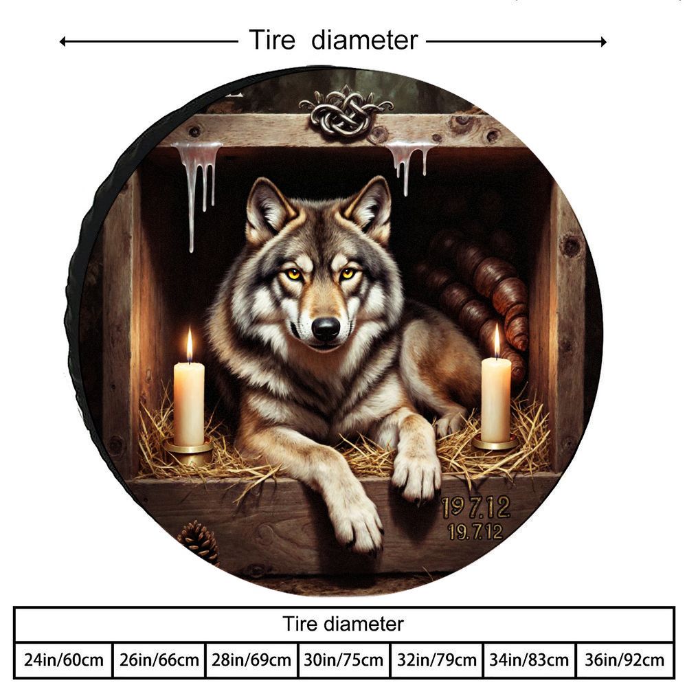 Grey Brown Polyester Wolf Pattern Tire Cover | Wooden Vintage Style Decor, Universal Spare Tire Protector