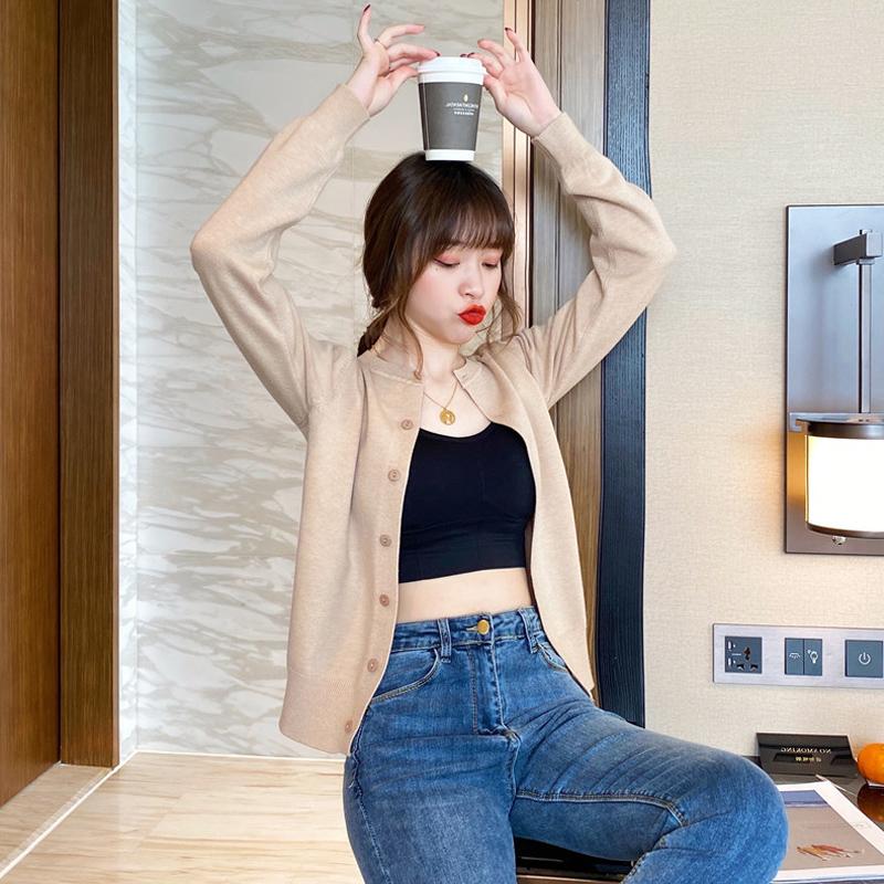 Милый однотонный повседневный вязаный женский кардиган осенний облегающий элегантный с круглым вырезом зимний женский кардиган свитер модный повседневный базовый трикотаж топы 31072