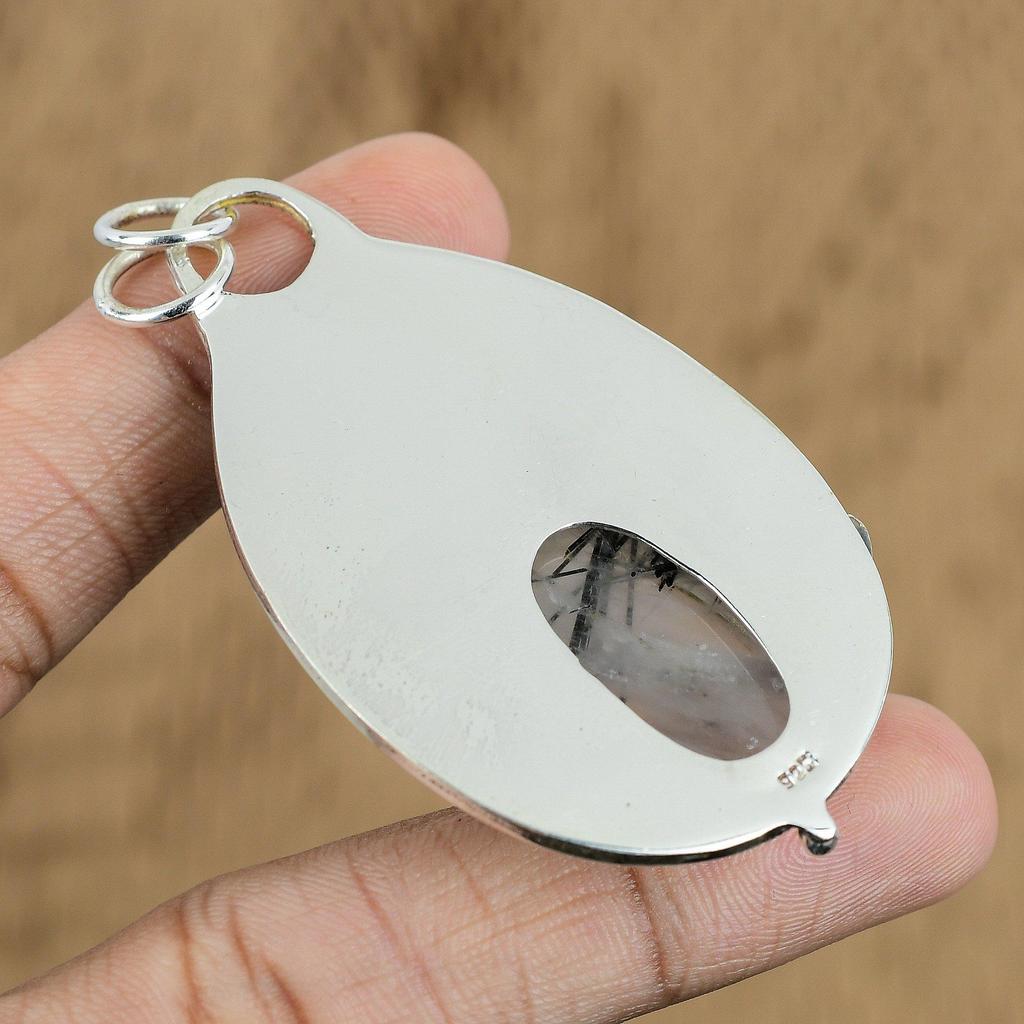 Natural Black Rutile Gemstone Pendant 925 Sterling Silver Jewelry For Women