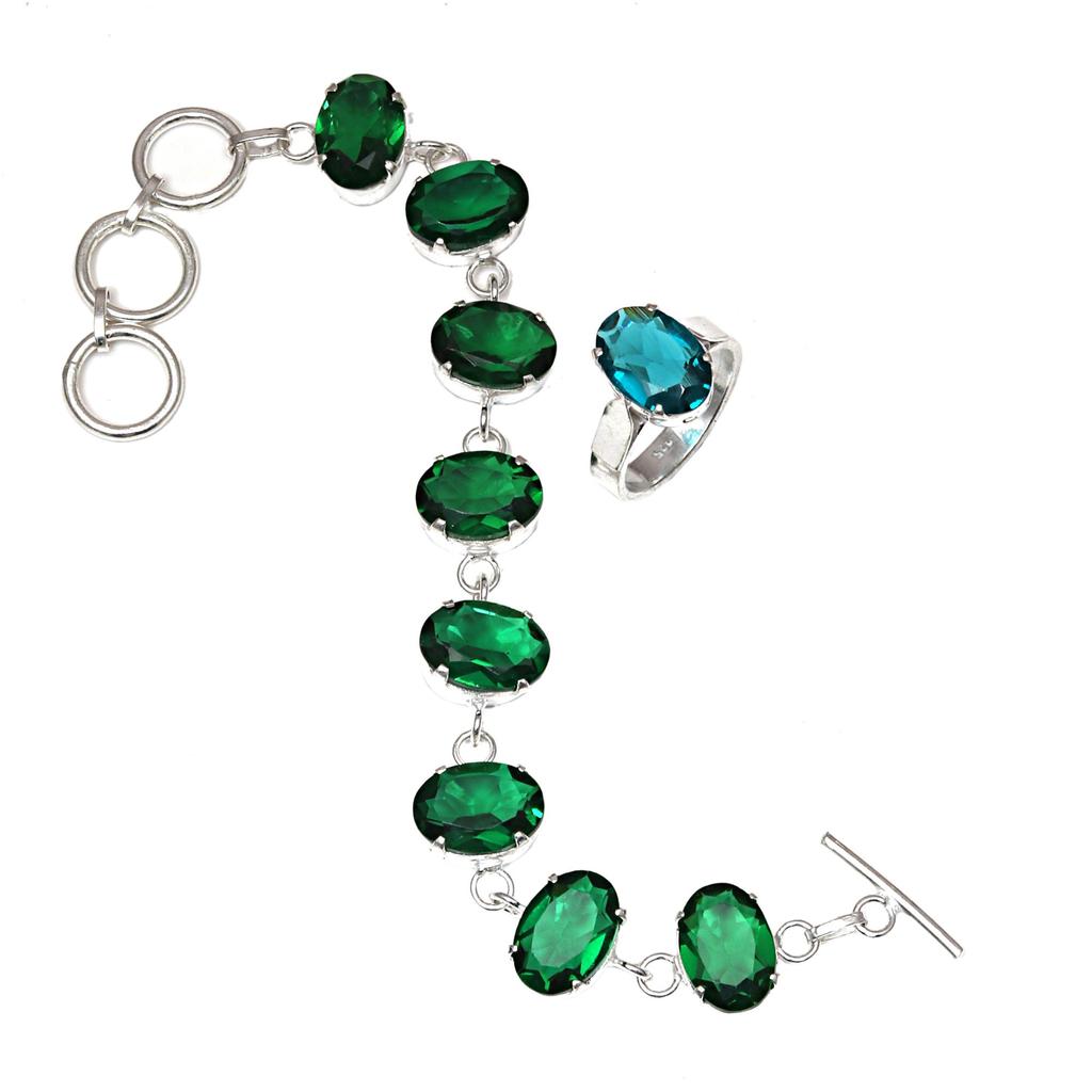 Emerald Quartz Gemstone Women's Unisex Jewelry Bracelets & Rings 7-8''