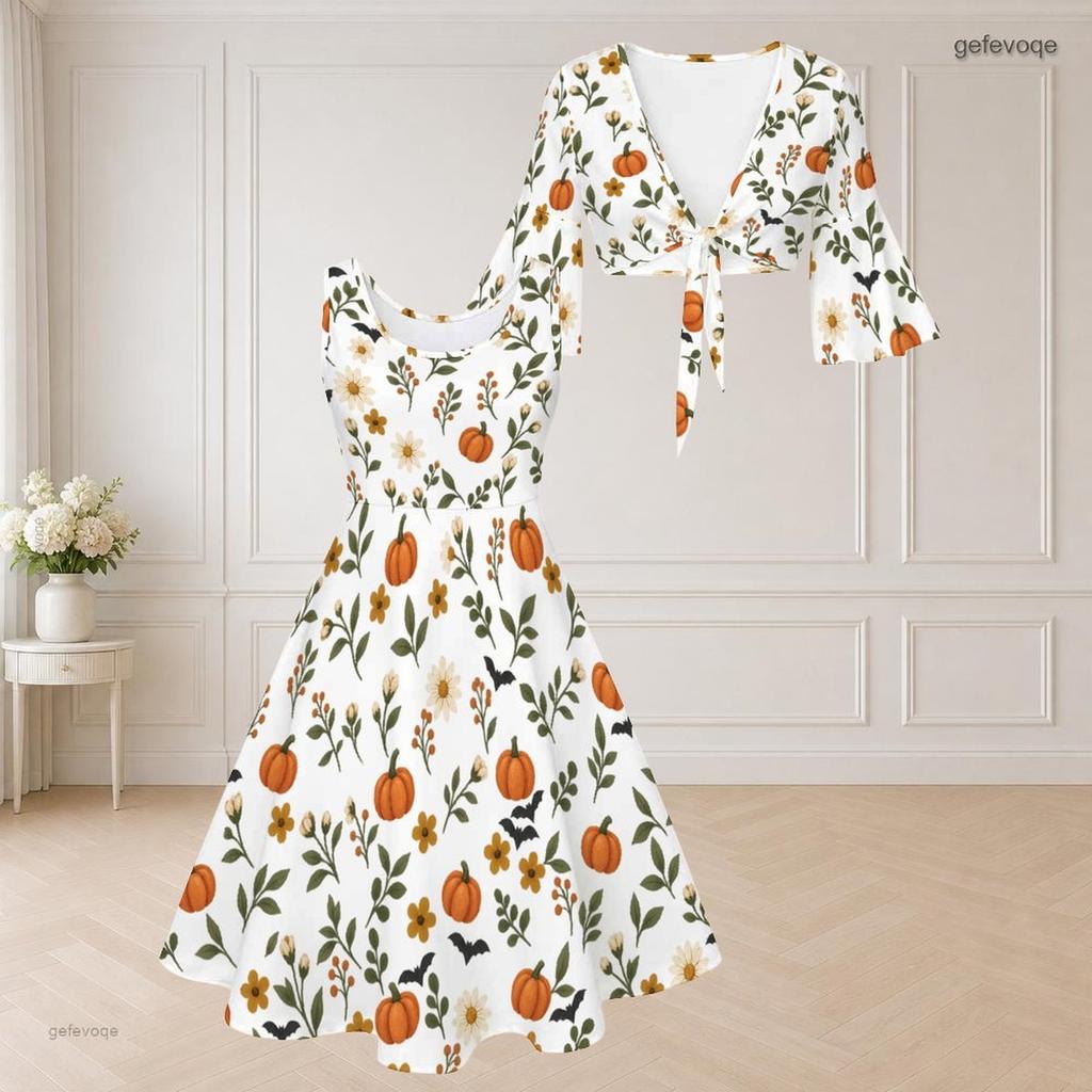 Women Plus Size Pumpkin Bat Bow Print Two Piece Dress Set V Neck 3 4 Sleeve White