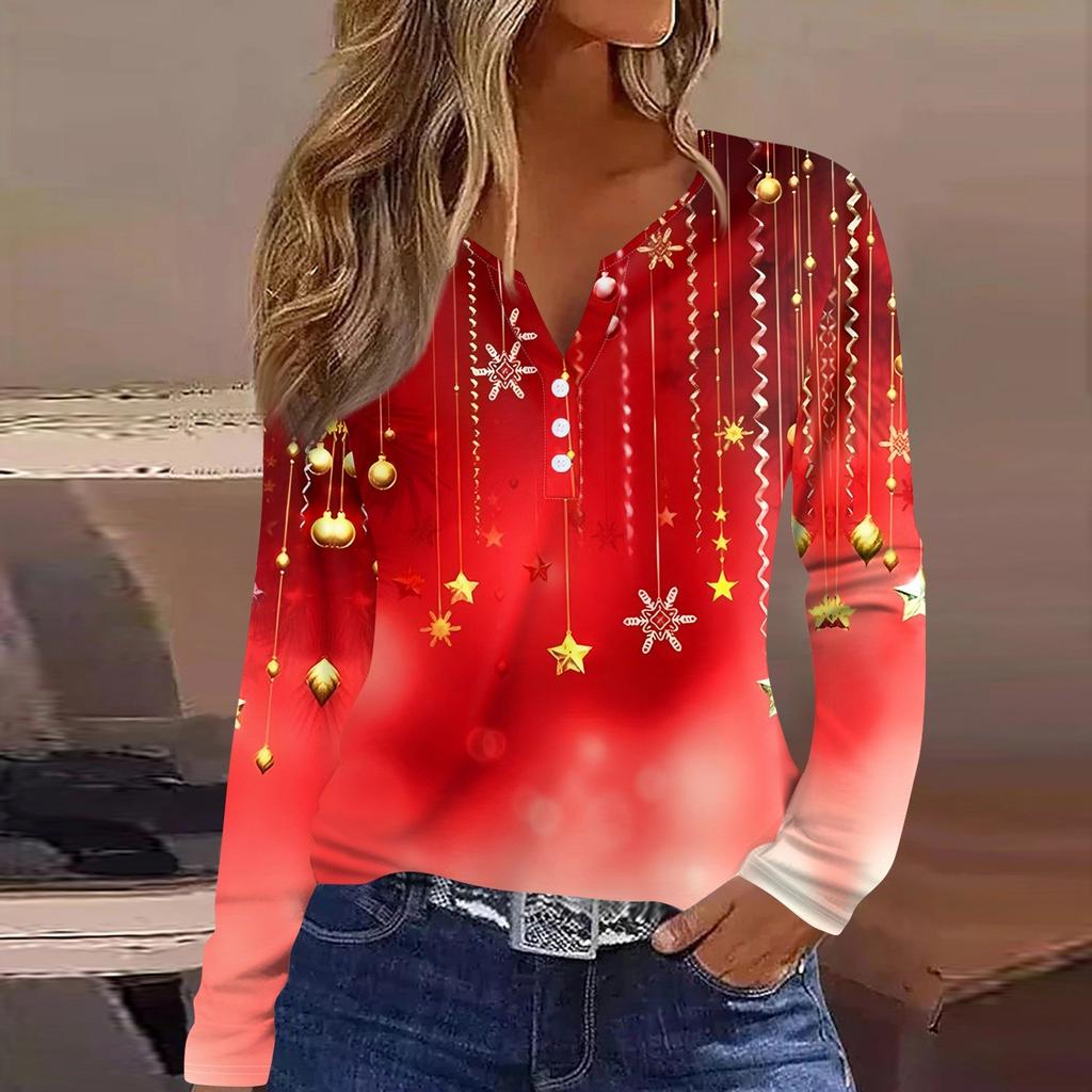 Женская футболка с рождественским принтом на пуговицах с длинным рукавом, повседневная, выходного дня, модная, базовая, с V-образным вырезом, обычная