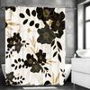 Black Floral Shower Curtain, Black Floral and Gold Leaf Shower Curtain Set for Bathroom, Natural Fabric Shower Curtain with Hook