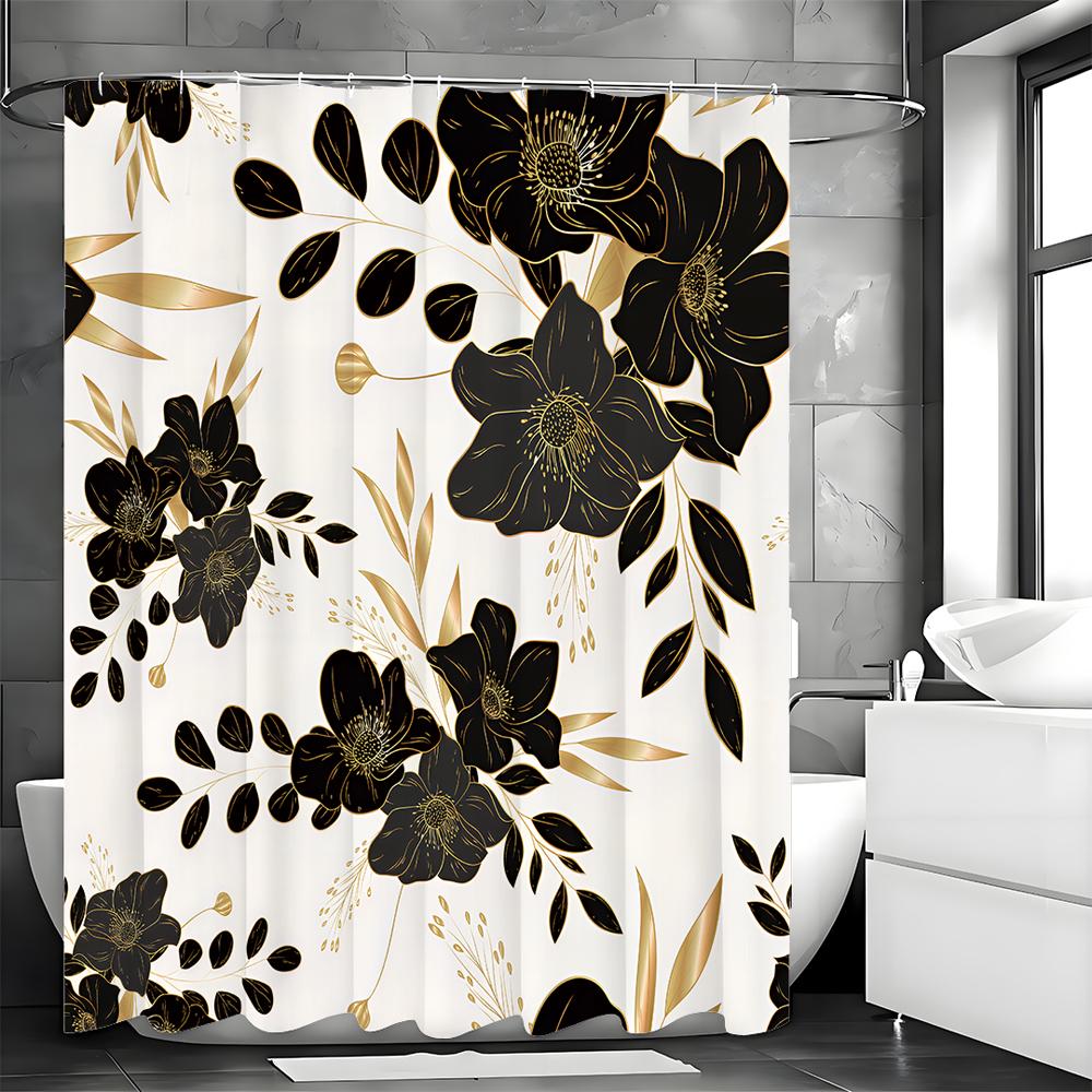 Black Floral Shower Curtain, Black Floral and Gold Leaf Shower Curtain Set for Bathroom, Natural Fabric Shower Curtain with Hook