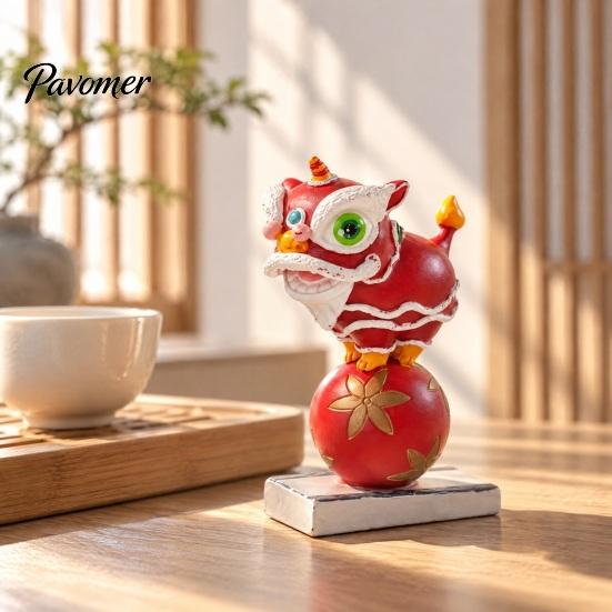 Lunar New Year Gift Chinese Style Lion Dance Figurine, Resin Traditional Dancing Statue, Housewarming Idea Cute Desktop Ornament for Home Office,