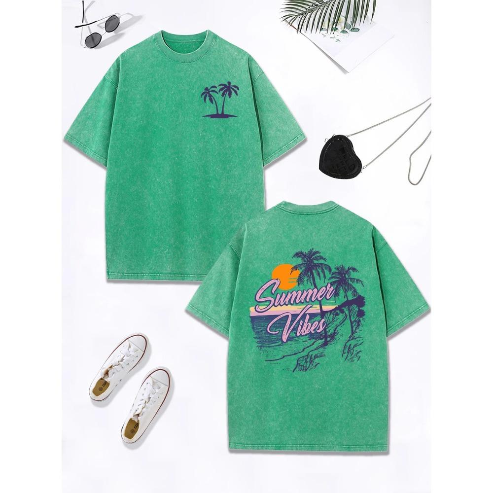 Summer Vibes Beach Sunset Coconut Tree Prints Washed T-Shirt Women Cotton Tops Retro O-Neck T Shirt Street Clothes