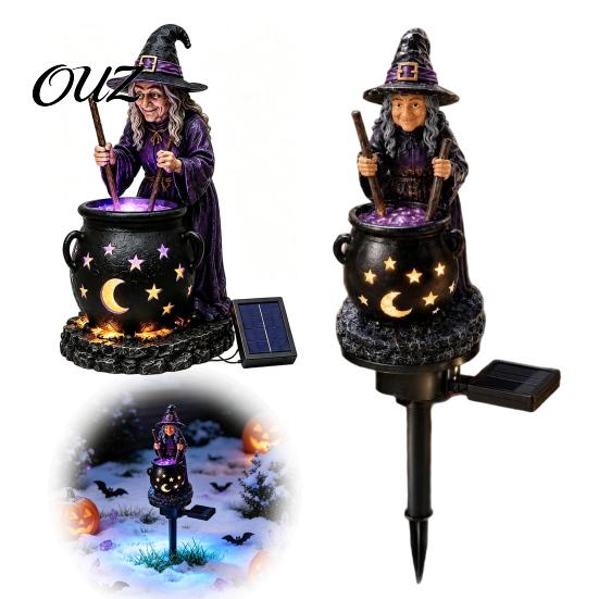 Weather Resistant Porch Decor Solar Witch Statue with Glowing Cauldron, Outdoor Halloween Garden Light, Magic Potion Cauldron Resin Decorative