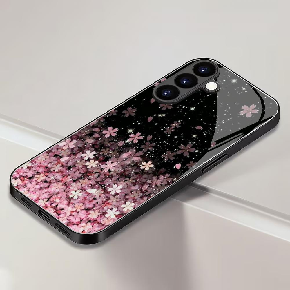 Чехол для телефона из закаленного стекла 'Падающий цветок' Подходит для Samsung Galaxy S26 S25 S24 S22 S21 S20 FE/Ultra/Plus Защита от отпечатков пальцев
