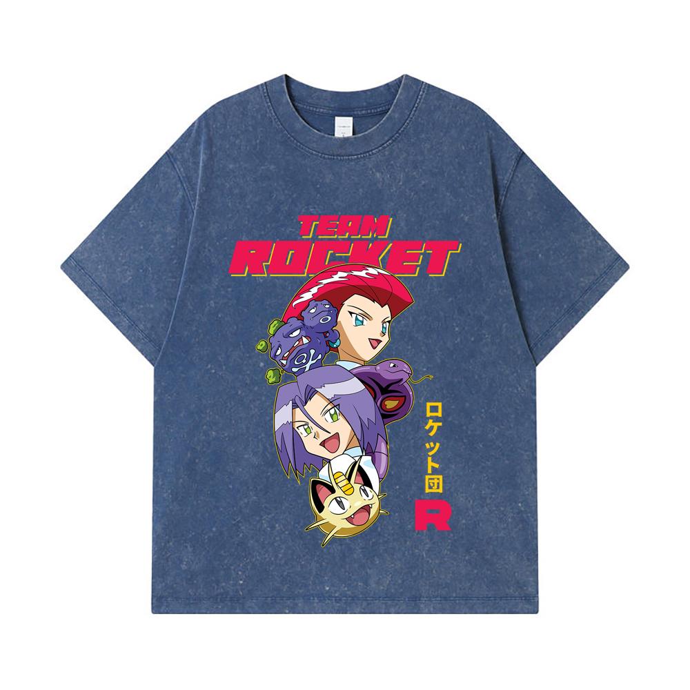 275 GSM Washed T-shirts 100% Cotton Pokemon V9 Team Rocket Print Unisex Heavy Cotton T Shirt