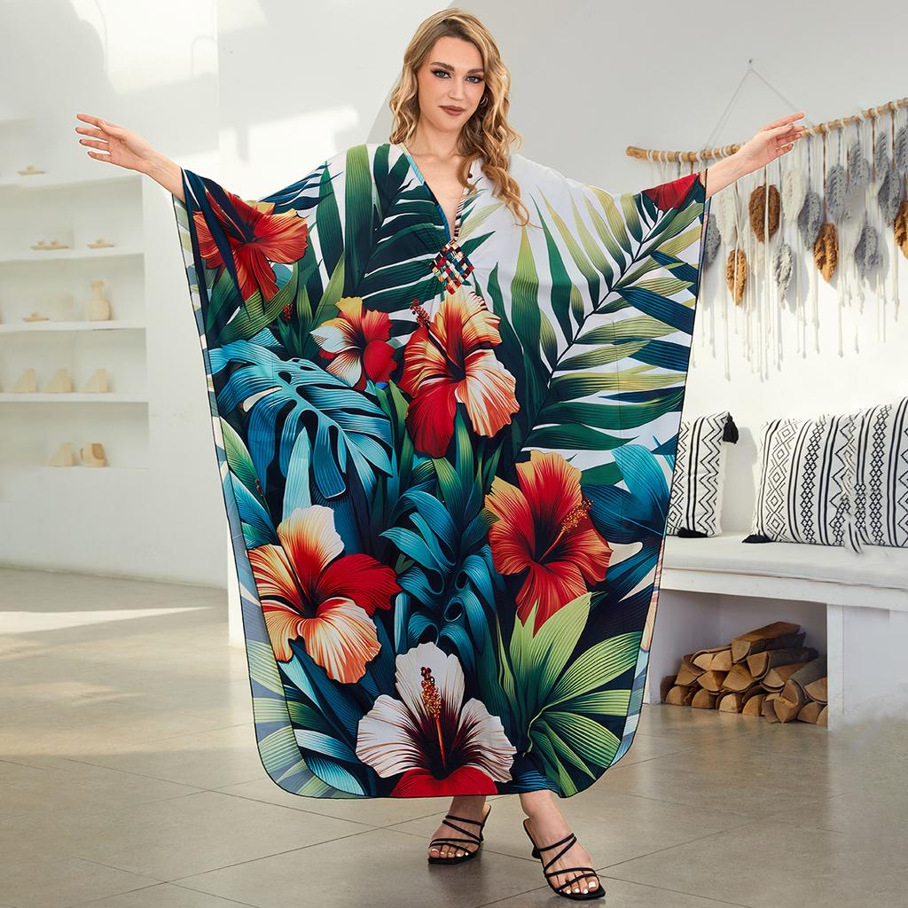 Женская мода лето весна перо принт рукава 3/4 V-образный вырез свободная талия повседневные платья