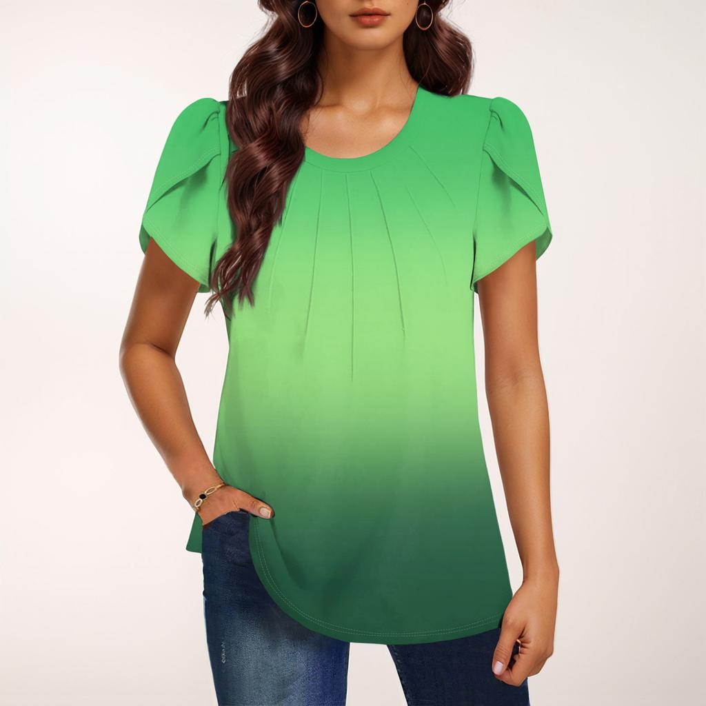 Женская модная футболка с круглым вырезом и коротким рукавом с градиентным принтом, повседневная базовая плиссированная футболка-пуловер