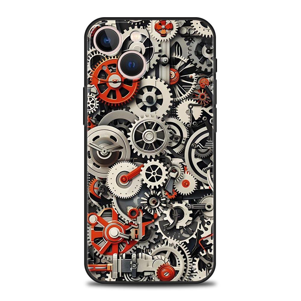 Mechanical Gear Pattern Phone Case Cover for iPhone 17 16 15 14 13 12 11 Pro Max 17 Air Plus Shockproof Soft TPU Shell Funda Bag