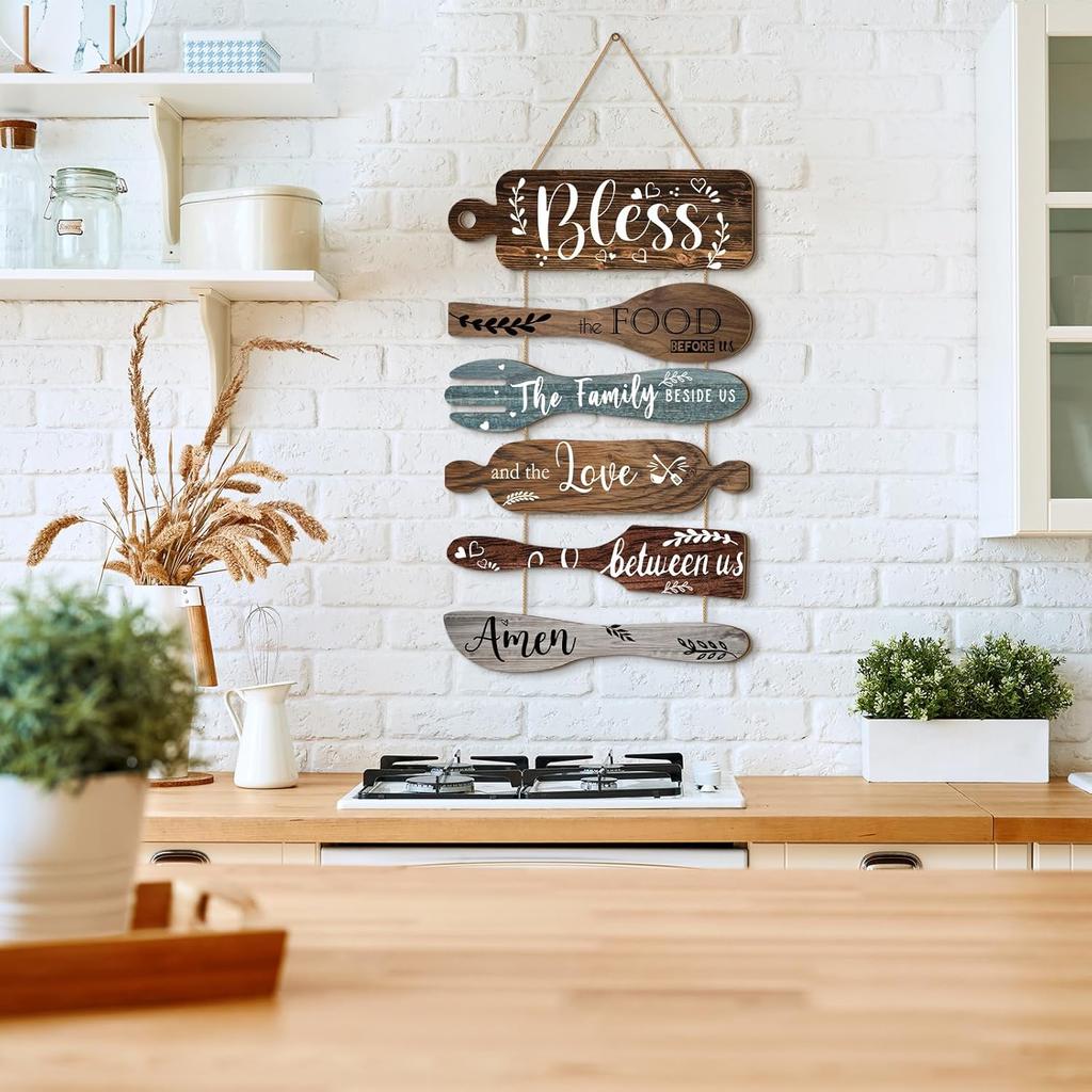 Geetery 6 шт. Знак «Благослови пищу перед нами» Декор стены кухонного дома в деревенском стиле Декорации для столовой Коллаж на стену Деревянный подвесной в деревенском стиле