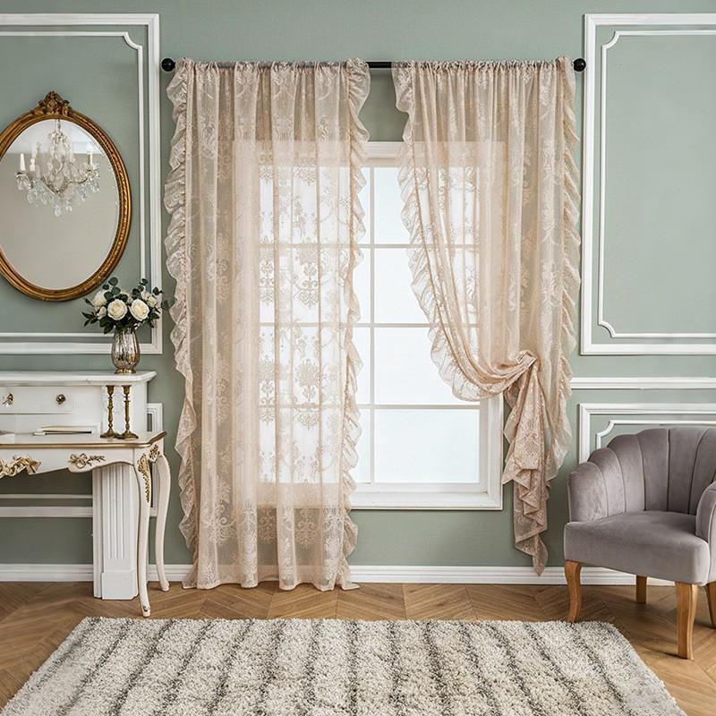 French Style Sheer Curtain Lace Ruffle Vintage Creamy Light Filtering Bedroom Living Room