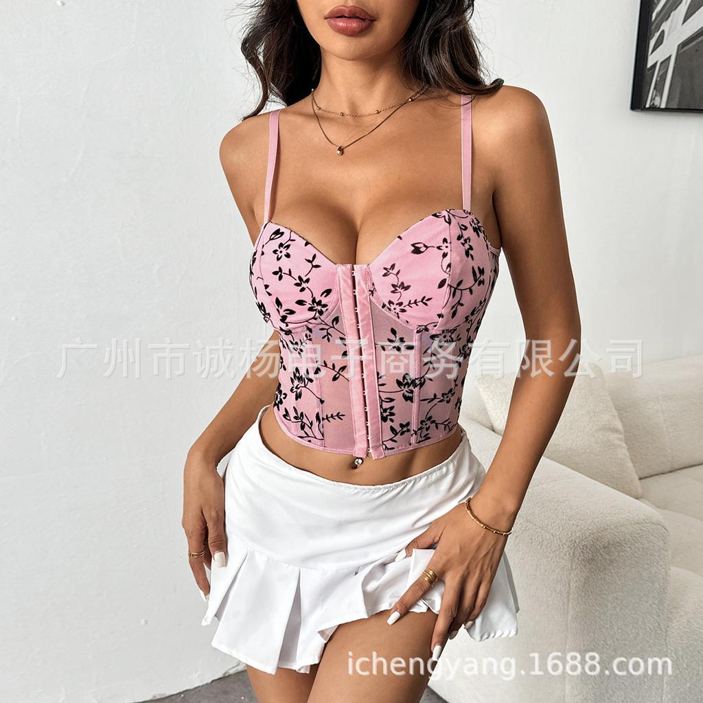 Women's Spice Girls Low-cut See-through Halter Splicing Mesh Fishbone Waistband Short Top