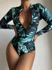 Zipper Leaf Printed Swimsuit 2024 Women One Piece Long Sleeve Swimwear Female Bathers Bathing Swimming Suit Beachwear Bodysuit